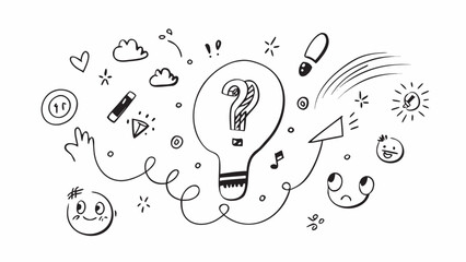 Whimsical doodle collection with question mark lightbulb and faces sketch black and white
