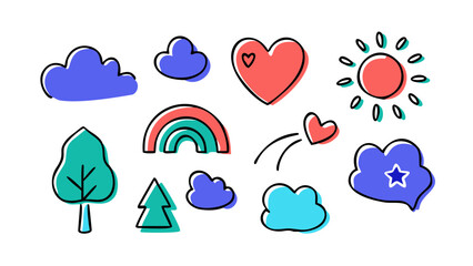 Obraz premium Whimsical doodle icons of nature and love heart