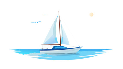 White sailboat glides on blue water under moon sailing ocean