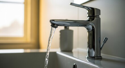 Chrome faucet flows water into white sink, bright background