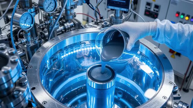 Experimental casting of innovative solid propellant formulations inside a vacuum silo highlighting aerospace research and development.