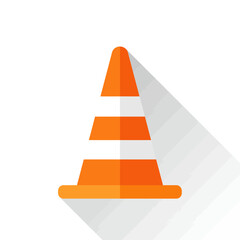 A sleek, modern flat design icon depicts a vibrant orange traffic cone casting a long shadow, perfectly symbolizing caution, roadwork, and construction safety.