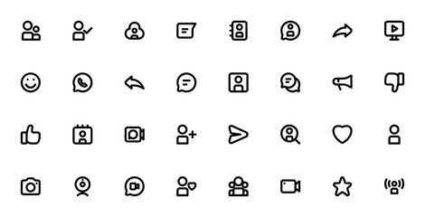 Social Media User Interface icon set. UI vector icon pack. Includes Friends, Fllower, Chat, Video Call, miley, Search User and mor. Editable stroke. © wang