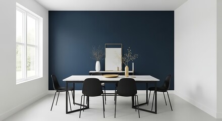 Modern Dining Room Interior with Dark Blue Accent Wall.