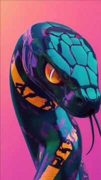 A snake with a yellow eye and a black and green body. The snake is on a purple background