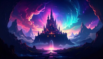 Naklejka premium Magical Fantasy Castle in a Colorful Mountainous Landscape halloween background