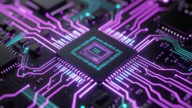 Extreme macro 3D shot of microchip surface with glowing neon circuits