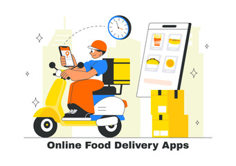 Food Delivery Service Illustration Featuring Online Food Ordering through a Mobile App and Fast Delivery to Your Preferred Location in a Background