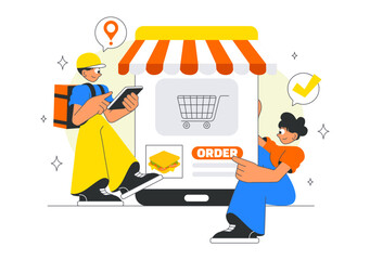 Food Delivery Service Illustration Featuring Online Food Ordering through a Mobile App and Fast Delivery to Your Preferred Location in a Background
