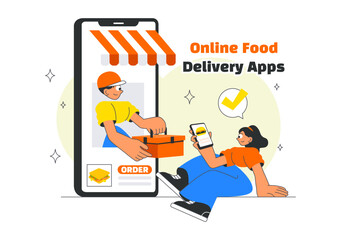Food Delivery Service Illustration Featuring Online Food Ordering through a Mobile App and Fast Delivery to Your Preferred Location in a Background