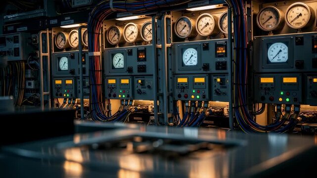 Equipment racks housing pressure gauges and control panels linked to an aircraft carriers steam catapult generator system.