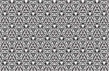 An elegant black and white seamless pattern featuring intricate vintage swirls. A classic ornamental filigree concept for decorative backgrounds