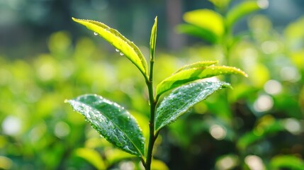 Obraz premium Fresh tea bud and leaves close-up with morning dew drops in vibrant green color, soft natural side lighting and blurred background for organic agriculture themes
