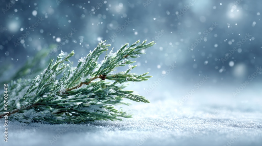 Poster snowy pine branch against bokeh background with falling snow