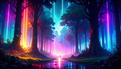 Obraz premium Glowing Pathway in a Magical Forest halloween background
