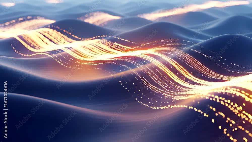 Poster abstract motion background with glowing light trails over undulating terrain animation