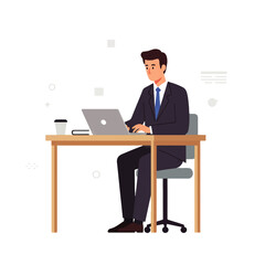 Illustration of a businessman in a suit sitting at a desk, working on a laptop with a coffee cup nearby.