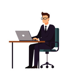 A businessman wearing a suit and glasses sits at a desk, typing on a laptop computer in a professional setting.