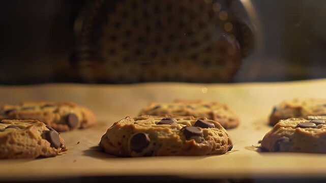 Golden Brown Chocolate Chip Cookies Baking Inside Oven Close Up for National Cookie Day Celebration Perfect for Food Ads and Cooking Tutorials in a Warm Ambiance