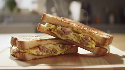 Golden Brown Toasted Sandwiches Featuring Scrambled Eggs and Ham Filling on a Wooden Board with Rising Steam For Food Ads Promotion and National Sandwich Day