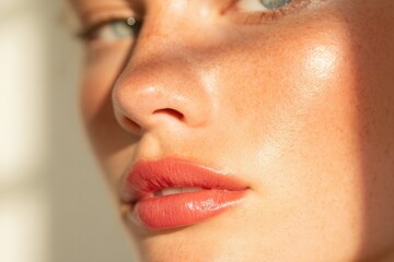 Fototapeta premium Close-up portrait showcasing radiant skin illuminated by soft na