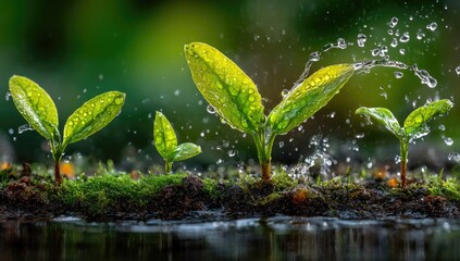 Young plants sprout, rain splashes, fresh growth