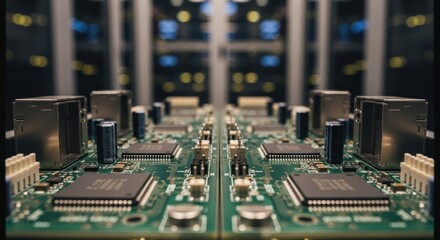 Close-up of circuit boards in rows, symmetric, with blurred background