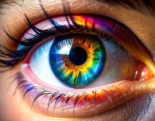 Close-up of a human eye with vibrant, colorful iris