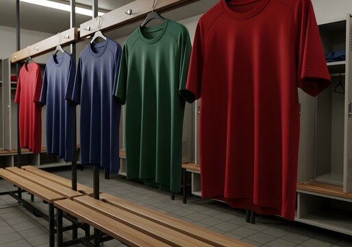 Team Uniforms Hanging in Locker Room - Powered by Adobe