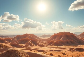 Naklejka premium Layered paper mountains under a bright sun and fluffy clouds, desert landscape, craft, mountains