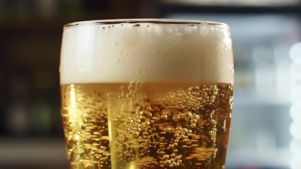 Golden Lager Pouring into Clear Glass Creating Foamy Head in Close Up View Perfect for Advertisement Restaurant or Bar Themes Symbolizing Celebration Relaxation and Social Gatherings
