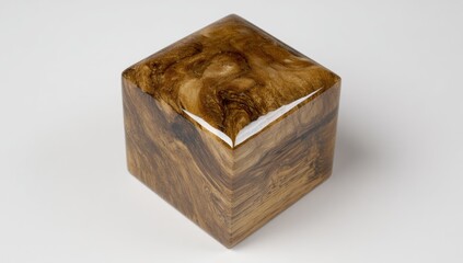 Polished wooden cube box with intricate grain patterns.