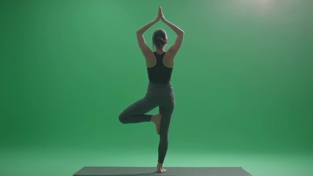 Young female yoga instructor maintaining perfect balance in tree pose, practicing mindful meditation on green screen background, showcasing core strength and flexibility