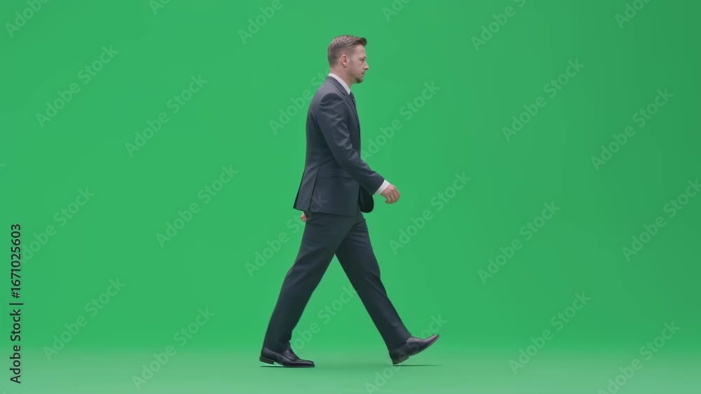 Poster elegant businessman in suit confidently walks across a green screen studio, providing a seamless loo