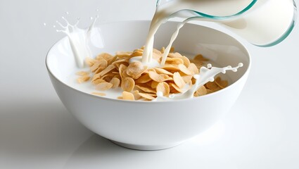 High-speed capture of milk splashing into a white bowl filled with golden cornflakes, droplets frozen in motion against a pure white background