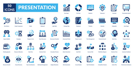 presentation fill icon set. Bar Graph, Pie Chart, Statistics, Teamwork, Checklist, Presentation Board, Goal Target
