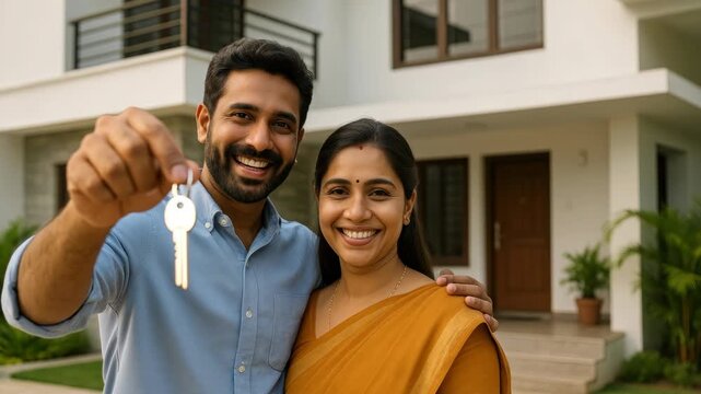 A happy couple holds a key in front of their new home. Captured from a front-facing angle, this video concept conveys joy and new beginnings.