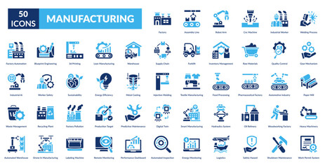 manufacturing fill icon set. Factory, Assembly Line, Robot Arm, CNC Machine, Industrial Worker, Welding Process, Gear Mechanism