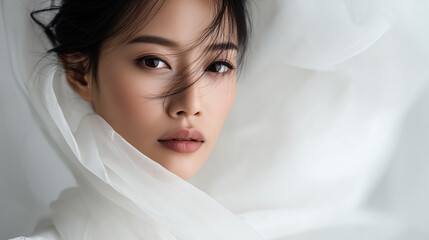 ベールのような白い布に包まれた凛とした雰囲気の女性