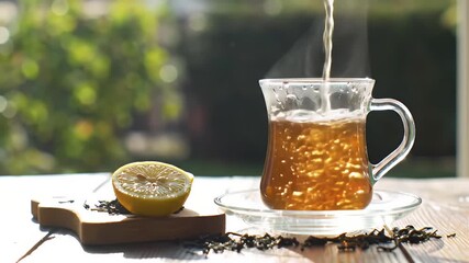 Hot Tea Being Poured into a Clear Glass Cup with Lemon Half on Rustic Wooden Table in Sunlight Ideal for Beverage Product Advertising and National Tea Day Promotion. Rustic Ambience