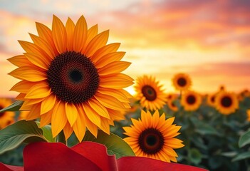 Obraz premium Layered paper cut sunflowers, vibrant petals, textured, warm sky, serene field, organic, peaceful, warm, visual