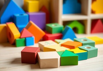 Obraz premium Colorful wooden blocks for shape & color sorting, Montessori-inspired activity, fun, blue