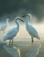 Obraz premium Tranquil Herons in Still Waters with Natural Reflections