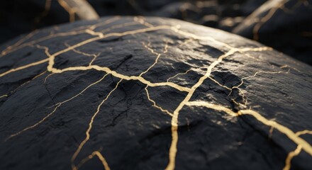 Cracked dark sphere highlighted with gold veins, textured close-up