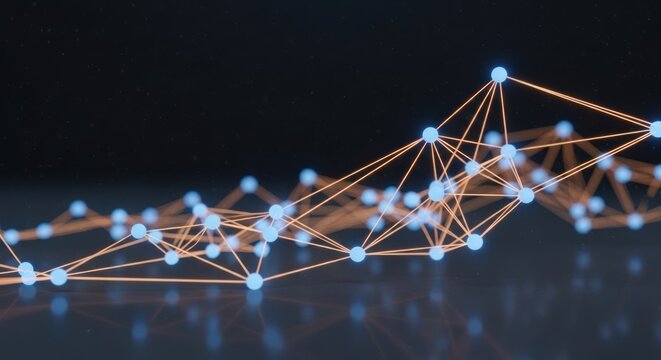 Connected nodes and lines with glowing spheres against a dark starry background