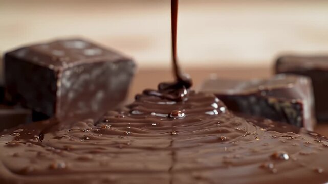 Luxurious Melted Dark Chocolate Being Poured Over Rich Chocolate Cubes in a High Angle Close Up Shot Showcasing Sweetness and Indulgence on a Blurred Background Perfect for Decoration and Ads