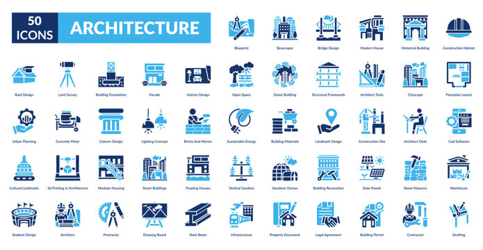 architecture fill icon set. Blueprint, Skyscraper, Bridge Design, Modern House, Historical Building, Construction Helmet, Floorplan Layout