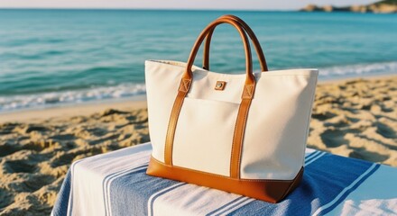 Creamy tote bag rests on striped towel at beachside, sunny day