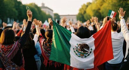 Crowd waving Mexican flags with hands raised in celebratory scene