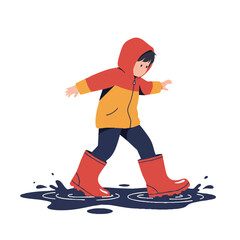 Fototapeta premium A joyful child in oversized yellow rain boots playfully struggles through a deep blue puddle, a minimalist 2D flat vector illustration, isolated on white.